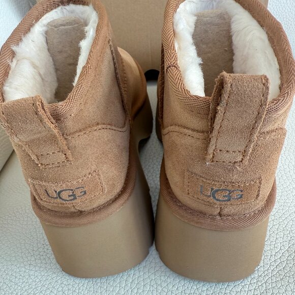 NIB UGG SUEDE CLASSIC ULTRA MINI NEW HEIGHTS BOOTS BOOTIE CHESTNUT 9 - Picture 2 of 8